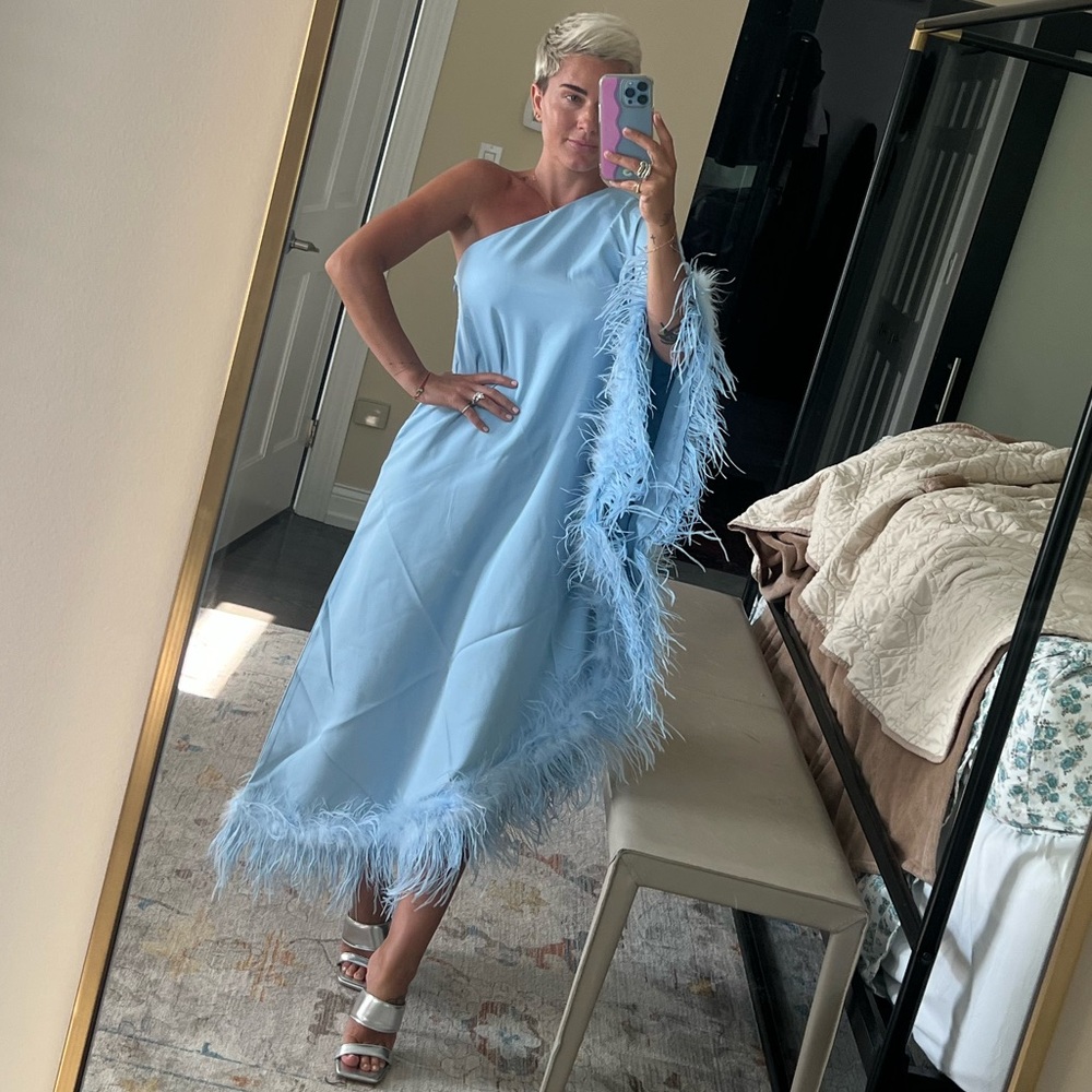 Mew Mews One Shoulder Blue Drape Dress with Feather Trim NWT!!!!